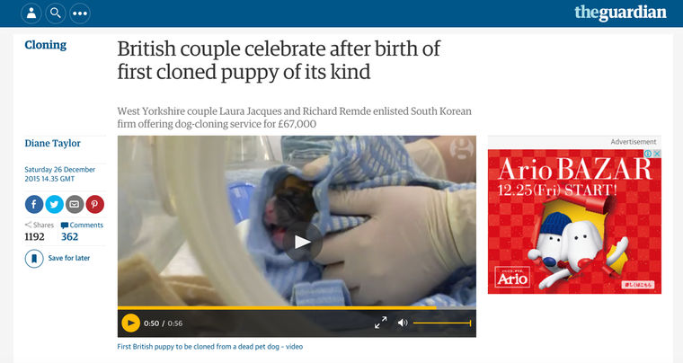ペットロスの夫婦が注文した愛犬のクローンが誕生　世界中で賛否両論の声