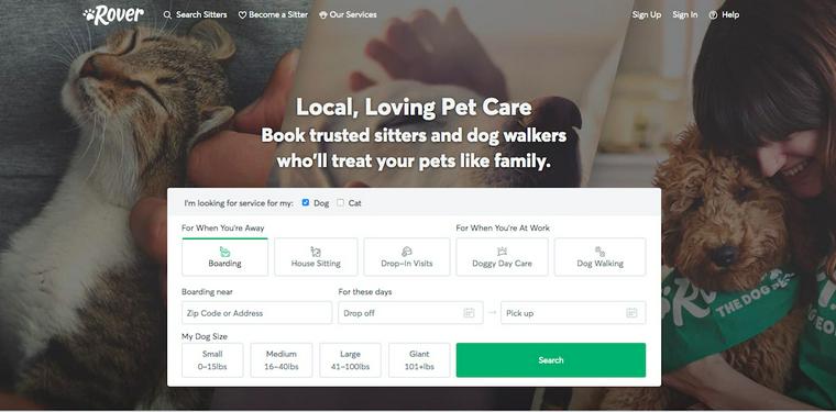 ペットのシェアリングエコノミーサービスRoverのサイト画面