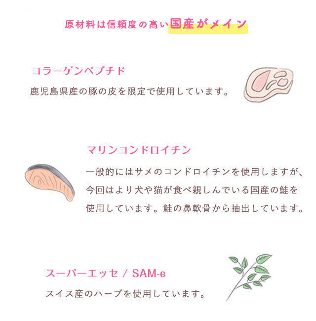 犬猫の関節サプリSUPPYの成分を説明するイラスト